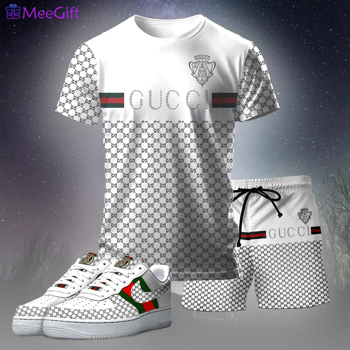 For the girls who love clean luxury streetwear, gucci inspired graphic tee set – white monogram casual everyday outfit T-Shirt Short Sneakers Set