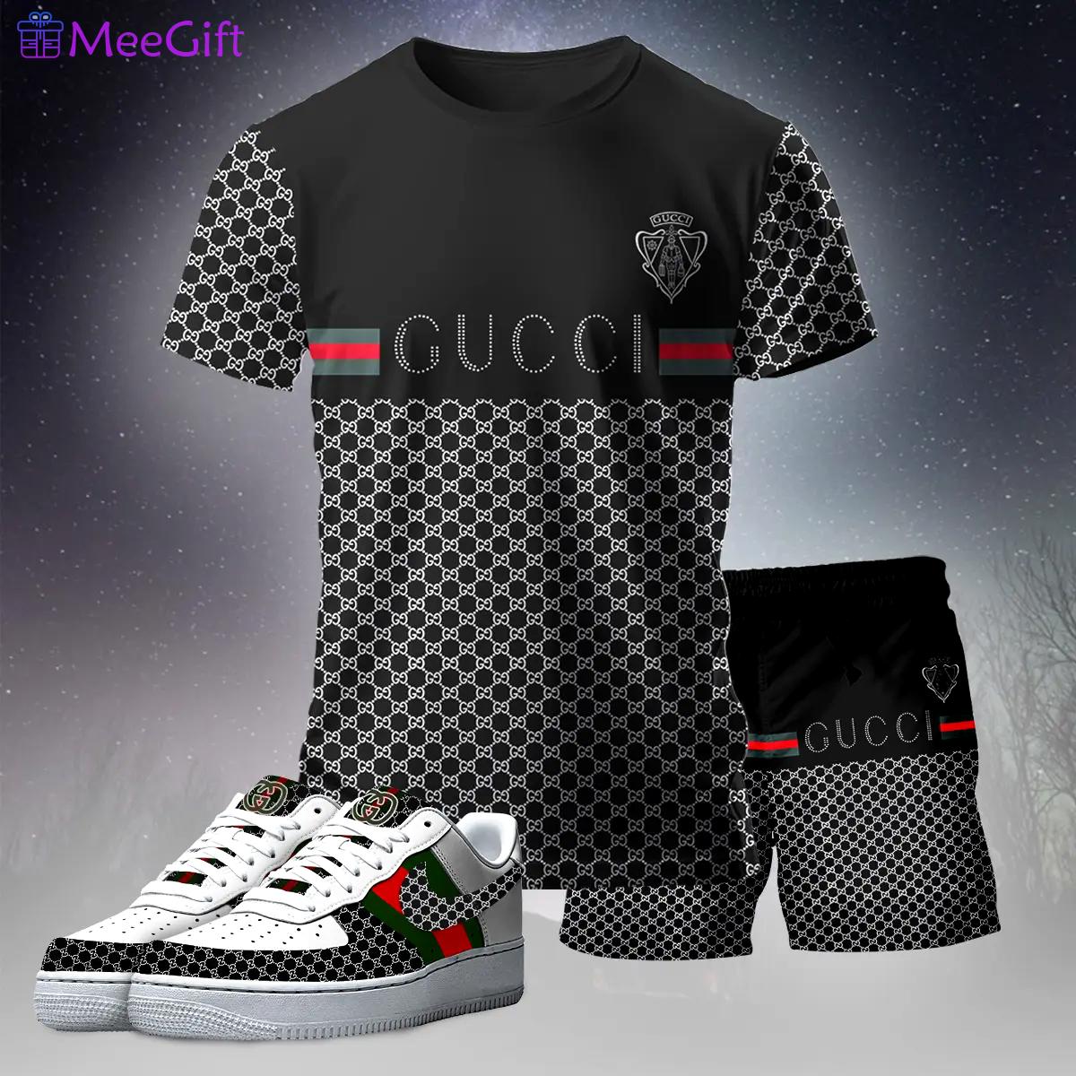 For the girls who love dark luxury streetwear, gucci graphic tee set – black casual everyday outfit with minimal edge T-Shirt Short Sneakers Set