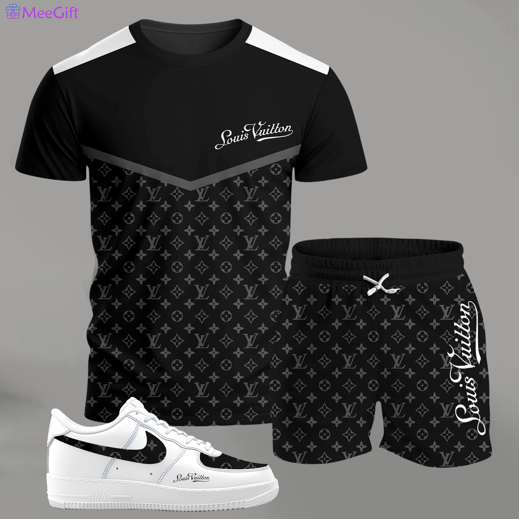 For the girls who love monochrome street style, black panel monogram outfit t-shirt set | minimal aesthetic everyday wear T-Shirt Short Sneakers Set
