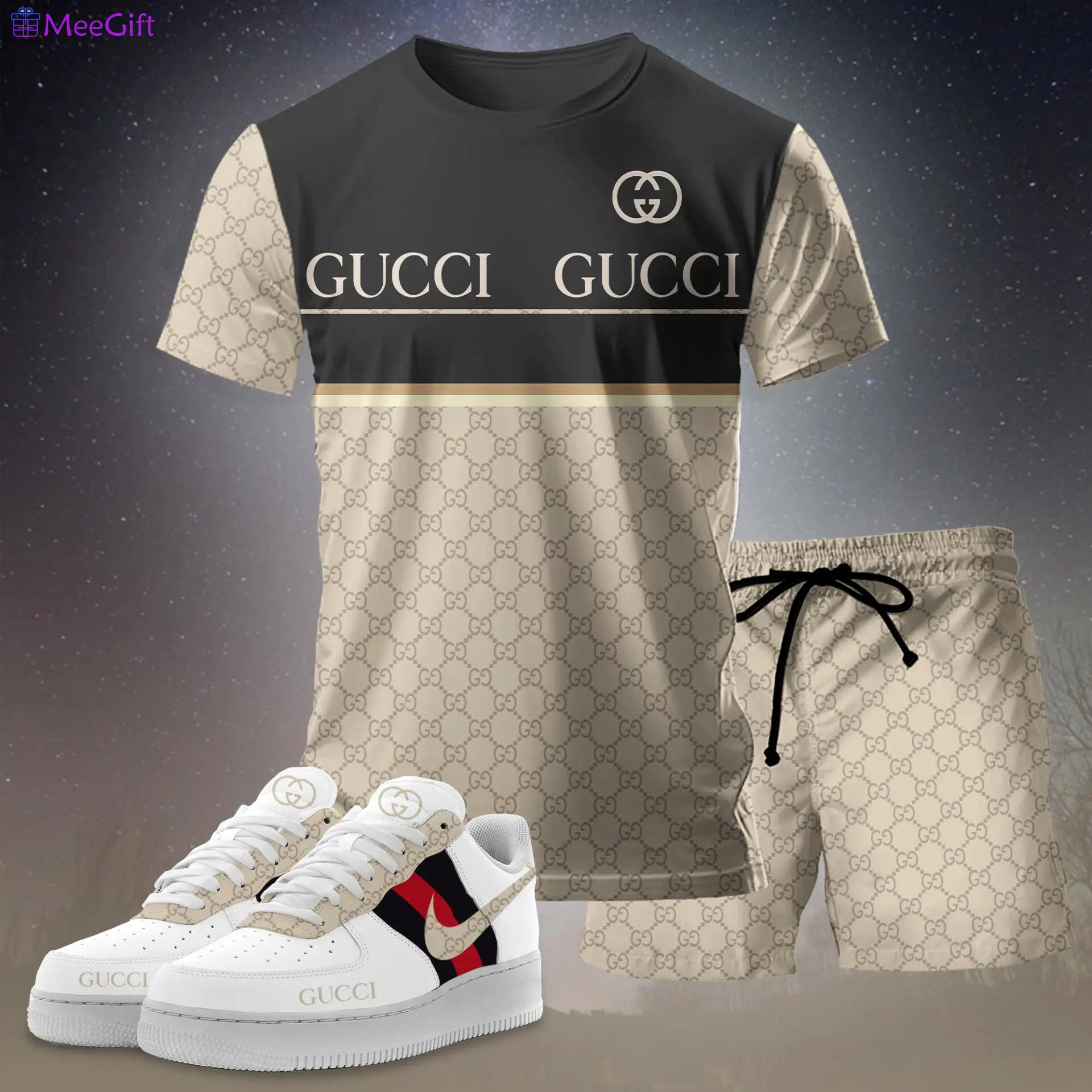 For the girls who love neutral contrast styling, minimal logo stripe tee outfit t-shirt – beige monogram and black panel | casual everyday outfit aesthetic ideas T-Shirt Short Sneakers Set