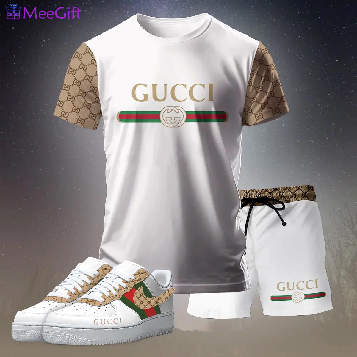 For the girls who love soft luxury style, gucci graphic tee set – white minimal casual everyday outfit ideas T-Shirt Short Sneakers Set