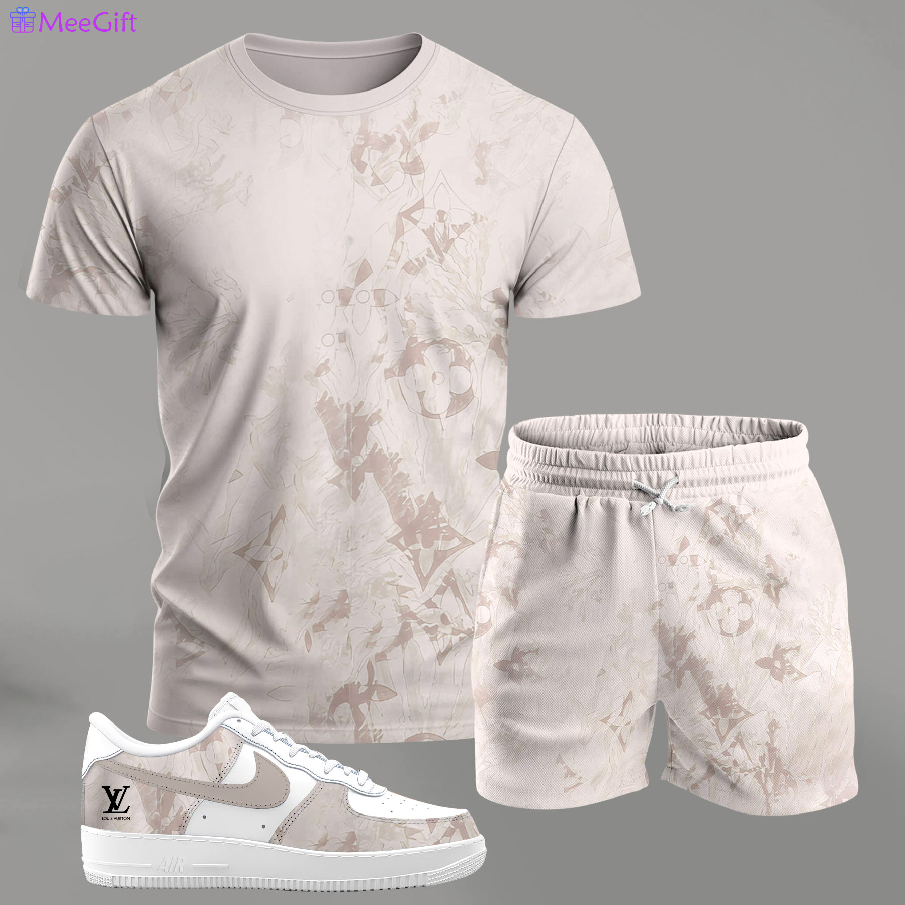 For the girls who love soft neutral tones, beige abstract pattern outfit t-shirt set | minimal aesthetic everyday wear T-Shirt Short Sneakers Set