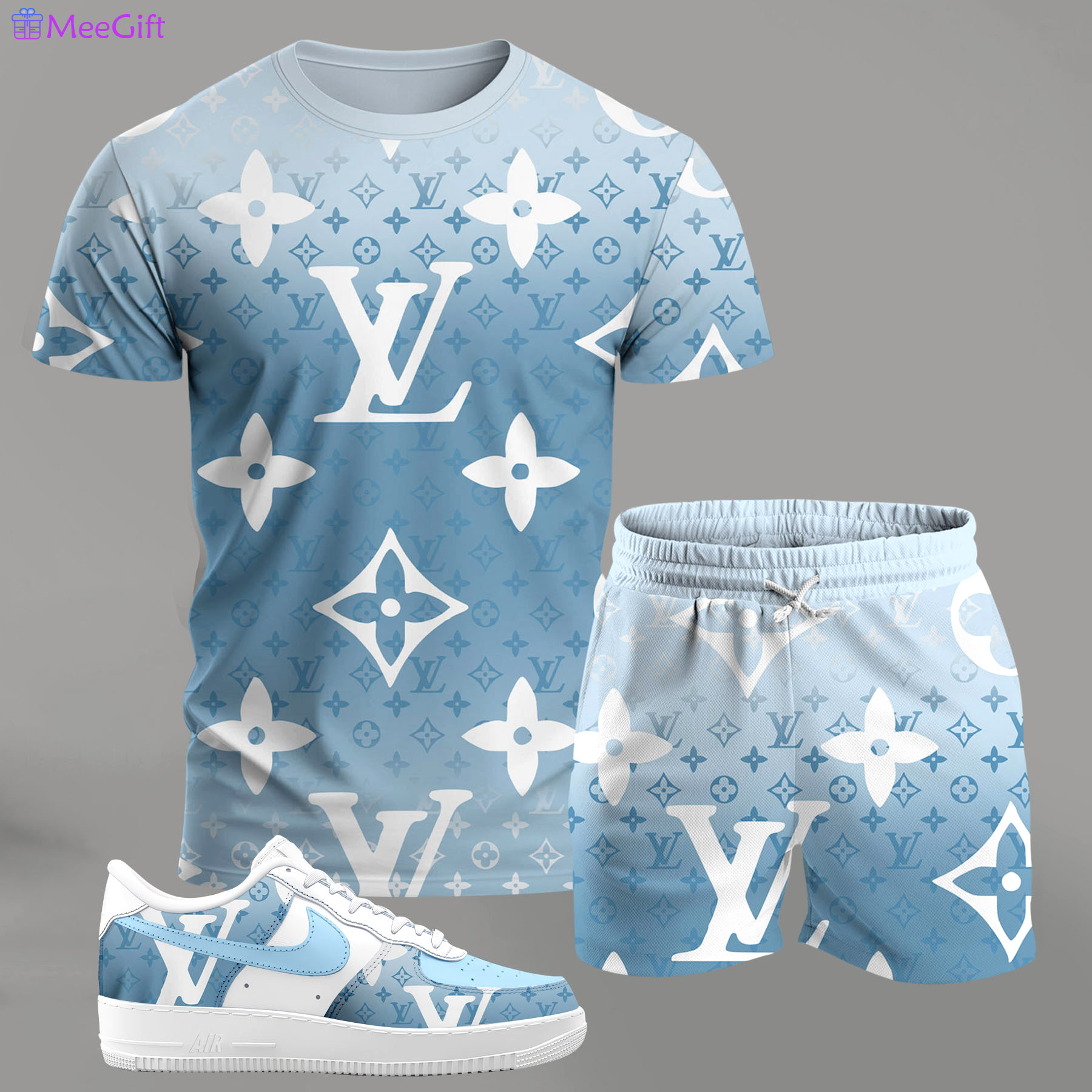For the girls who love soft pastel streetwear, blue monogram pattern outfit t-shirt set | minimal aesthetic everyday wear T-Shirt Short Sneakers Set