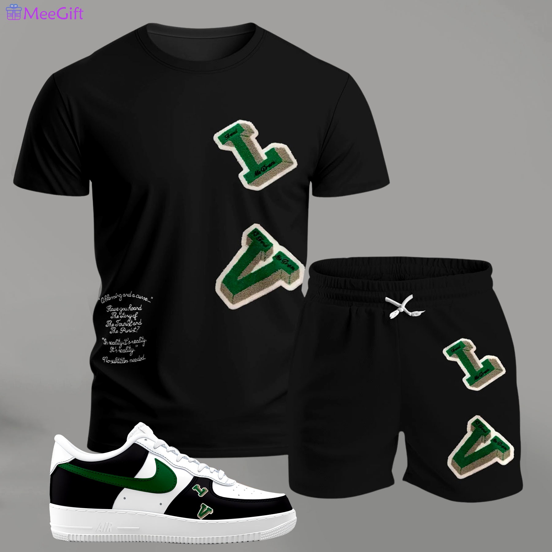 For the girls who love sporty minimal edge, graphic letter patch tee outfit t-shirt – black with green accents | casual everyday outfit aesthetic ideas T-Shirt Short Sneakers Set