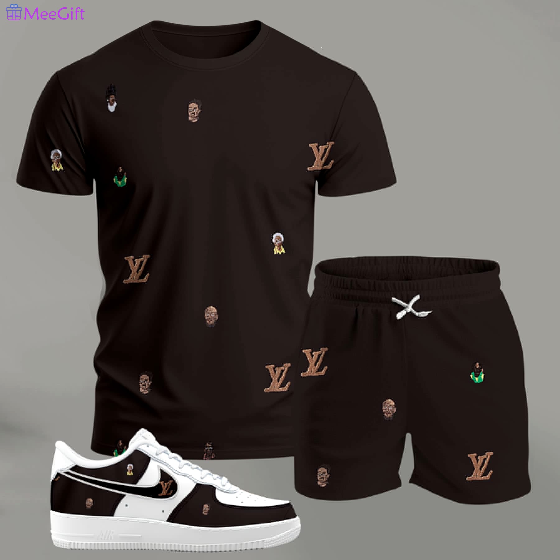 For the girls who love subtle statement pieces, dark brown mini pattern outfit t-shirt set | minimal aesthetic everyday wear T-Shirt Short Sneakers Set