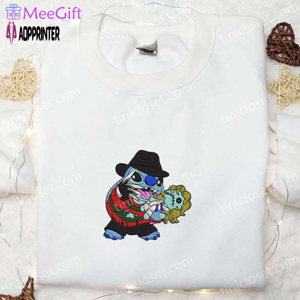 Freddy krueger x stitch doll embroidered sweatshirt – silhouette horror movies hoodie disney halloween gifts Embroidered Shirt