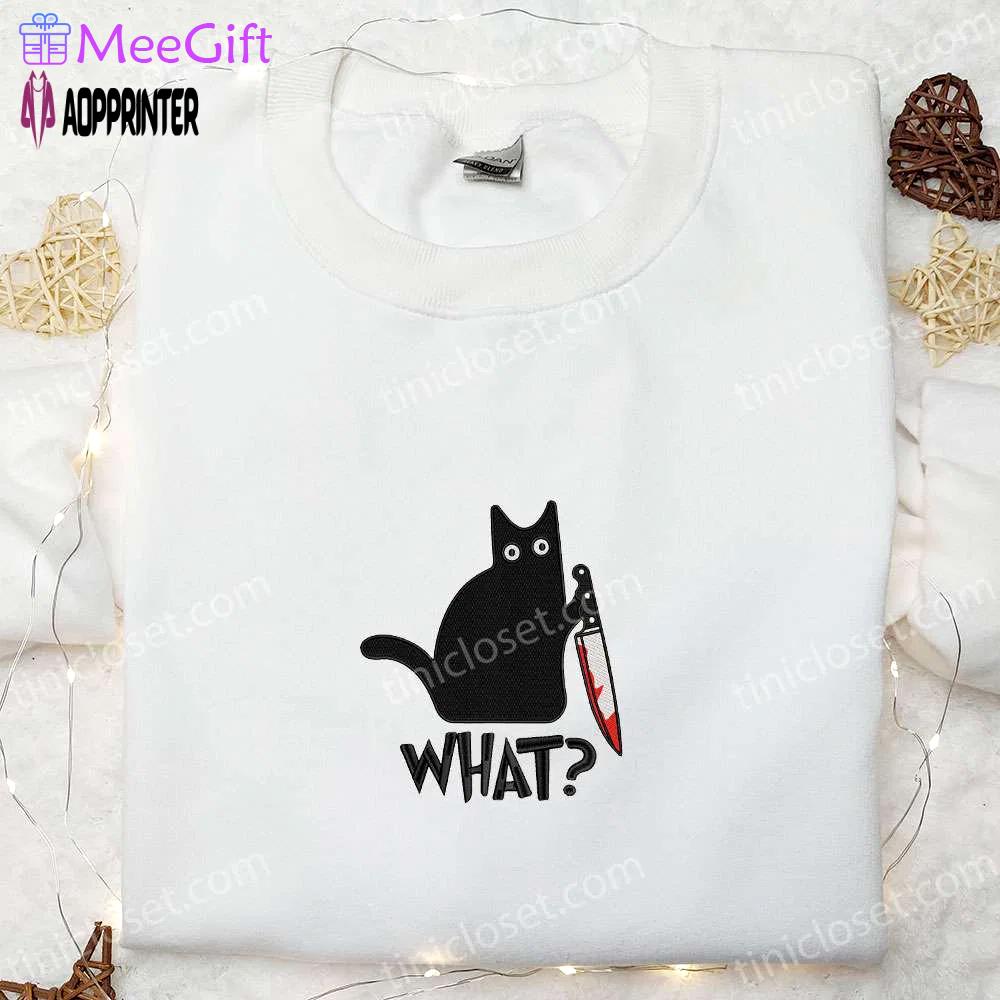 Funny black cat with knife embroidered shirt – best halloween gift Embroidered Shirt