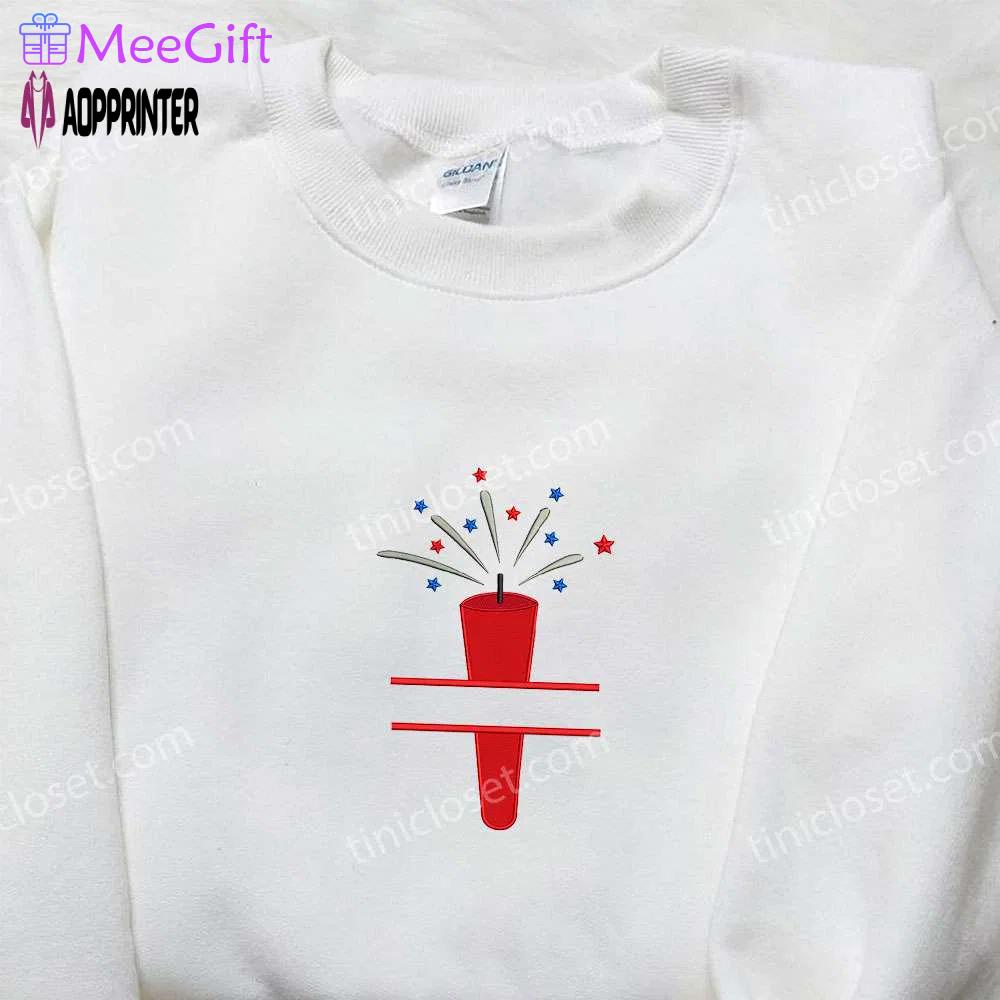 Get festive with american red firecracker embroidered shirt – top national day gift & best patriotic shirt! Embroidered Shirt