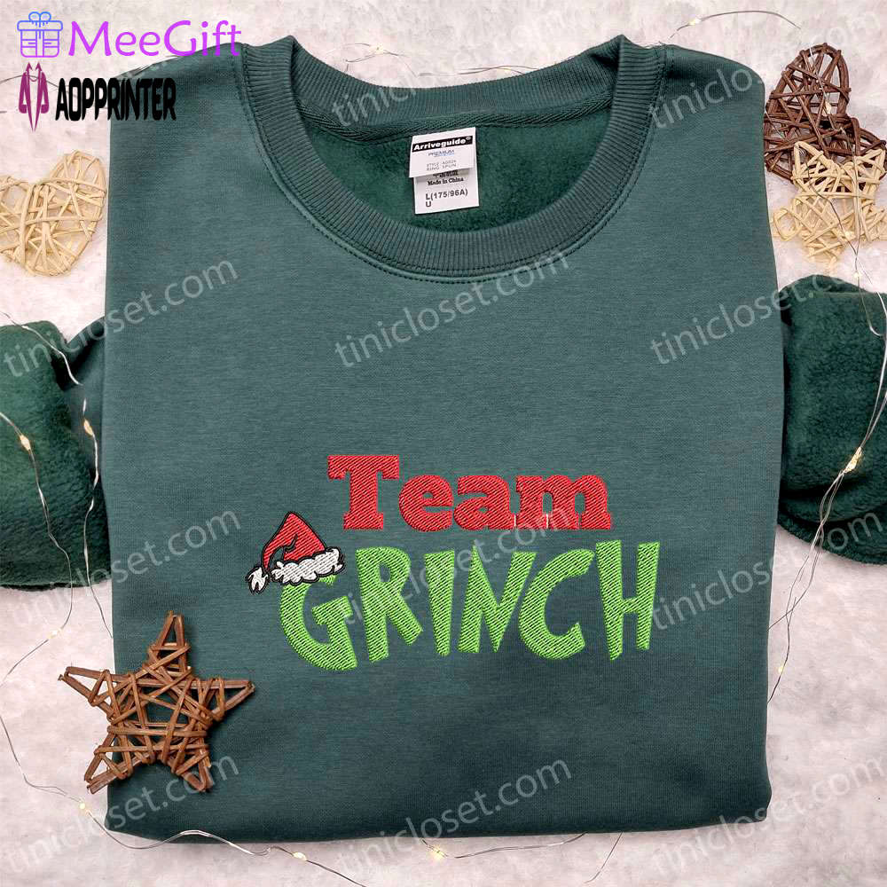 Get festive with team grinch christmas hat shirt & hoodie – perfect family gifts! Embroidered Shirt