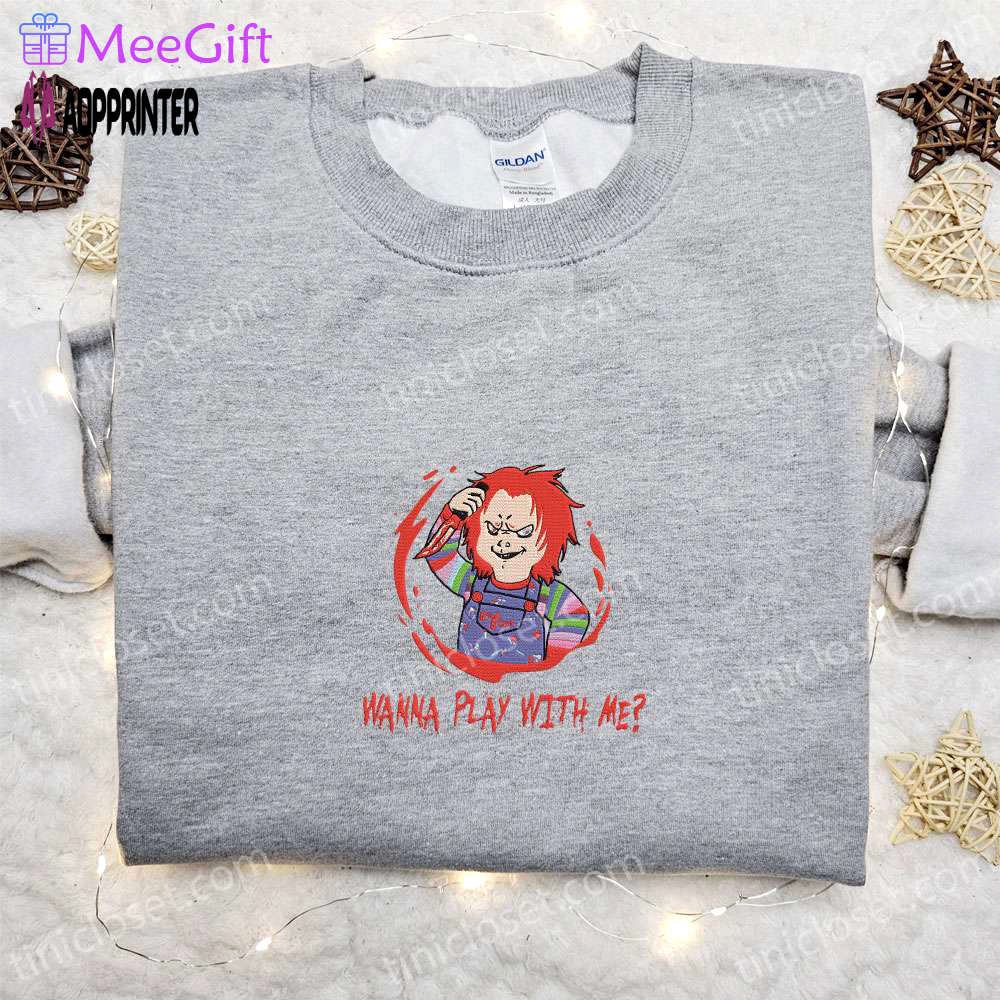 Get spooked with chucky wanna play with me embroidered shirt – horror movie characters & spooky shirts Embroidered Shirt