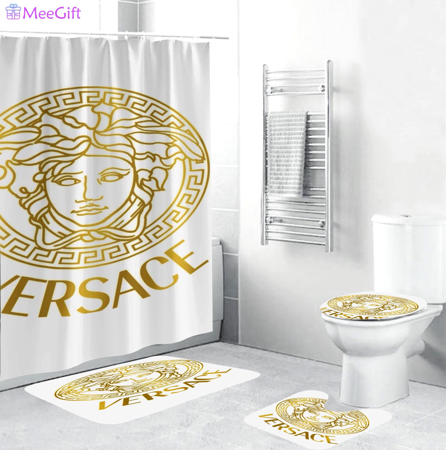 Gianni versace medusa logo type 1657 Bathroom Accessory Sets Waterproof Shower Curtain Bathroom Sets Toilet Cover Bath Mat Set Luxury Fashion Brand Home Decor Hypebeast Bathroom Pedestal Rug