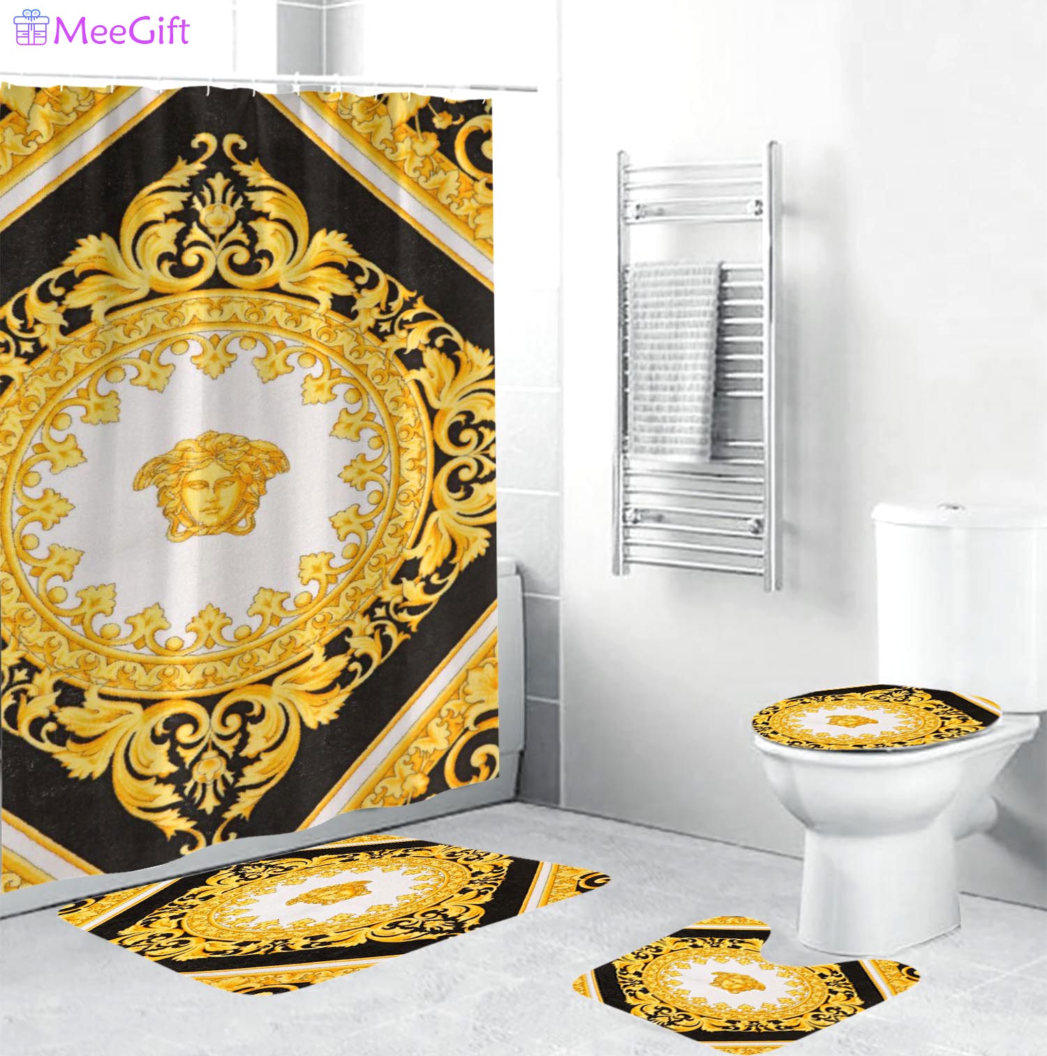 Gianni versace royal logo type 1937 Bathroom Accessory Sets Hypebeast Bathroom Toilet Cover Bath Mat Set Bathroom Sets Luxury Fashion Brand Waterproof Shower Curtain Pedestal Rug Home Decor