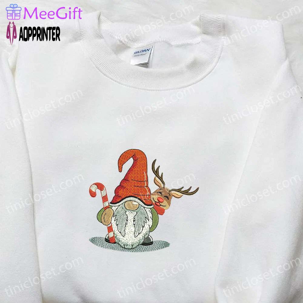 Gnome with deer merry christmas shirt & hoodie: best gift ideas Embroidered Shirt