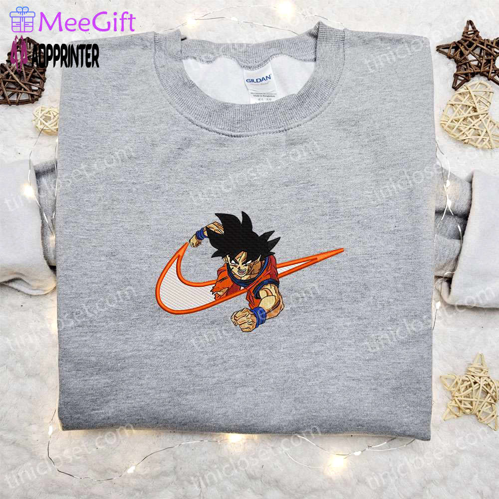 Goku anime x swoosh embroidered sweatshirt: dragon ball shirt best family birthday gift ideas Embroidered Shirt