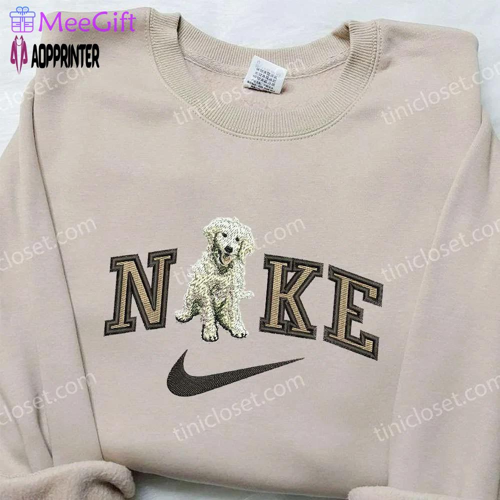 Golden retriever x nike embroidered shirt: custom animal tee for trendy nike fans! Embroidered Shirt