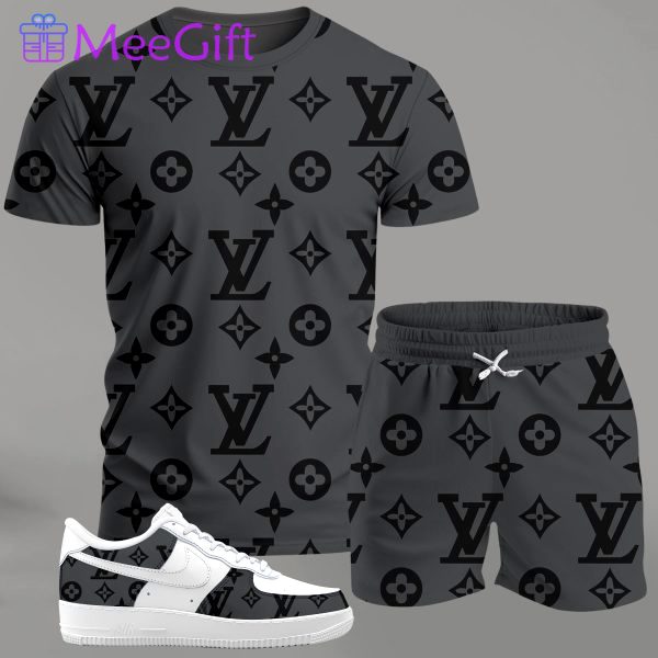 Grey monogram streetwear set for men, all-over pattern t-shirt and shorts combo with contrast sneakers T-Shirt Short Sneakers Set