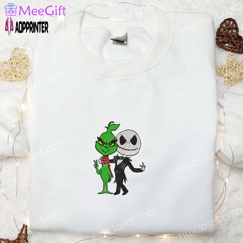 Grinch & jack skellington friends embroidered shirt – funny halloween gift for family Embroidered Shirt