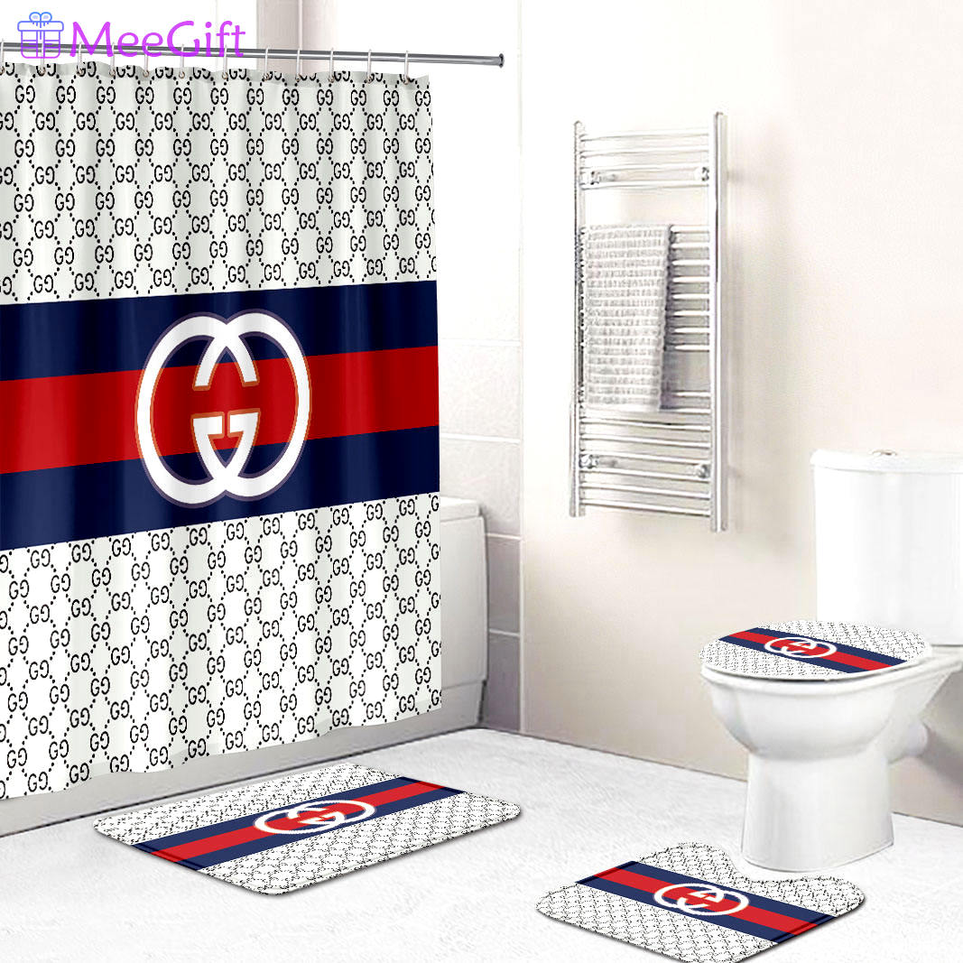 Gucci bath mat sets gray and black white logo full shower curtain v1 134 Bathroom Set