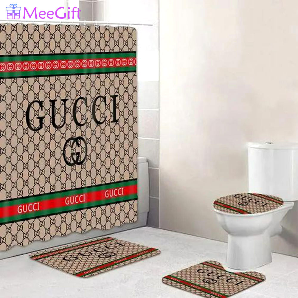 Gucci brown logo type 1712 Bathroom Accessory Sets Luxury Fashion Brand Home Decor Waterproof Shower Curtain Bathroom Sets Hypebeast Bathroom Pedestal Rug Bath Mat Set Toilet Cover