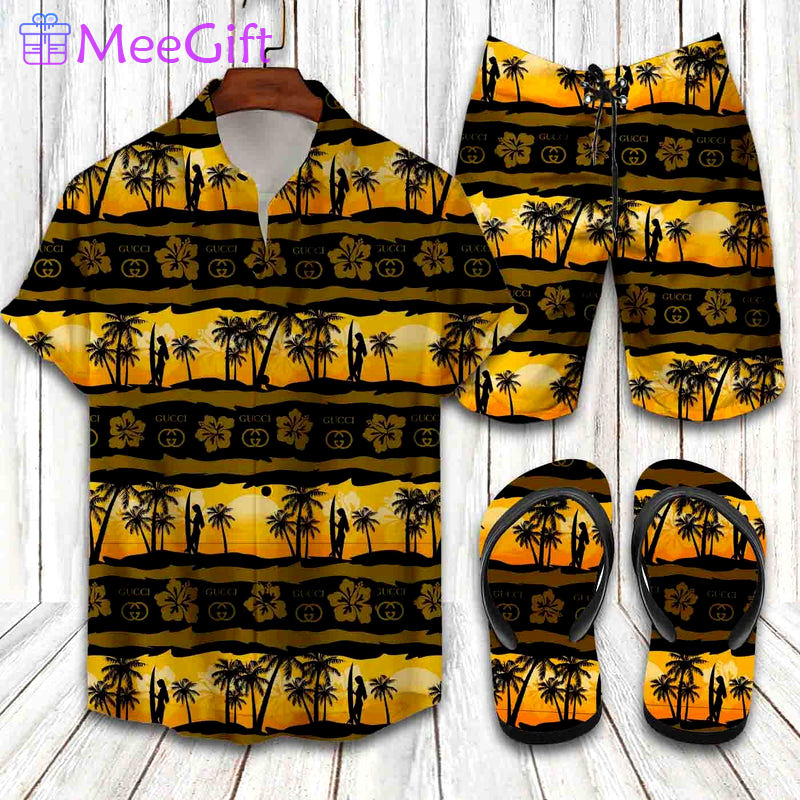 Gucci coconut tree hawaiian shirt beach shorts and flip flops combo Hawaii Shirt Shorts & Flip Flops