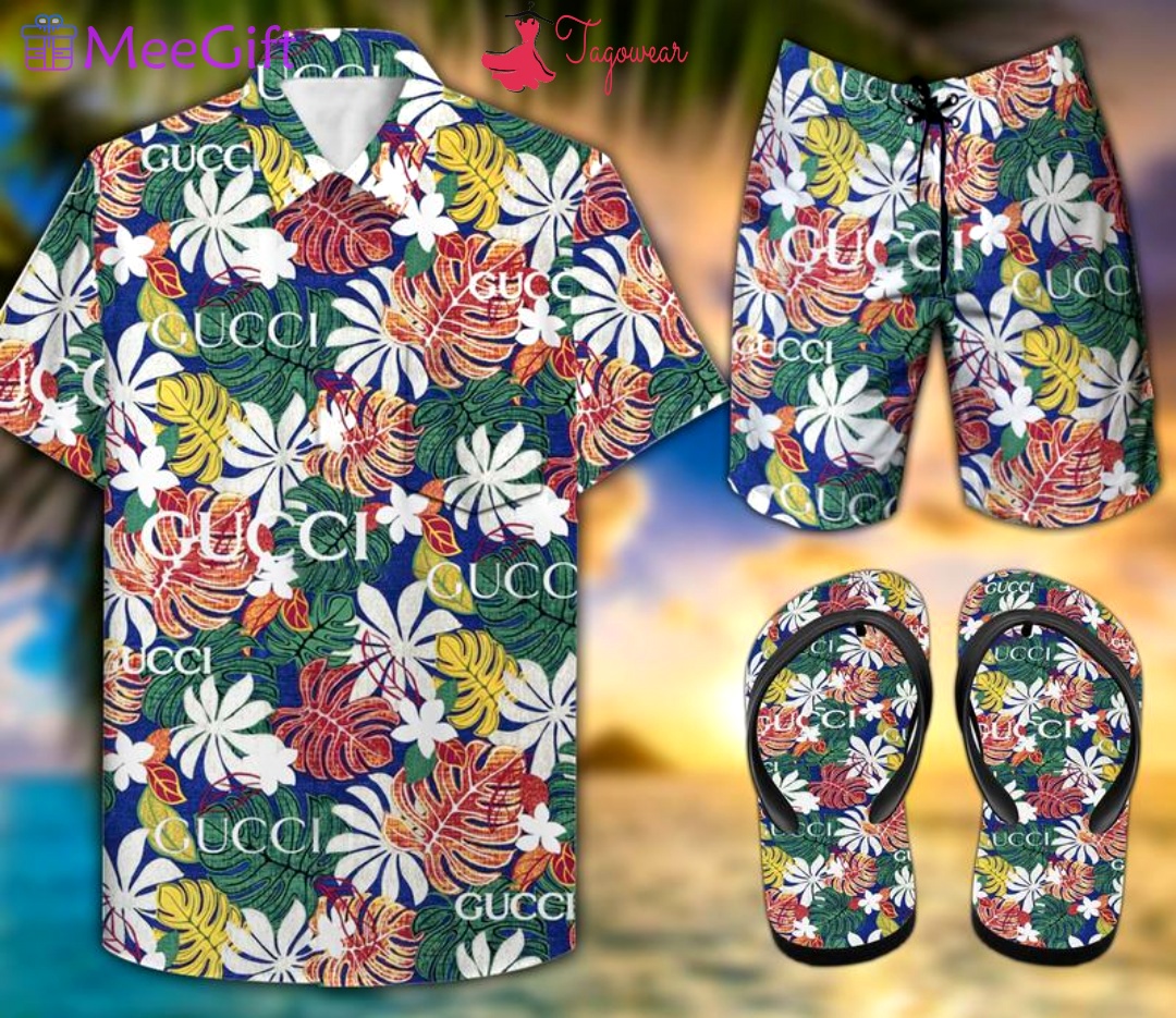 Gucci combo hawaiian shirt, beach shorts flip flops luxury summer clothes style #419 Hawaii Shirt Shorts & Flip Flops