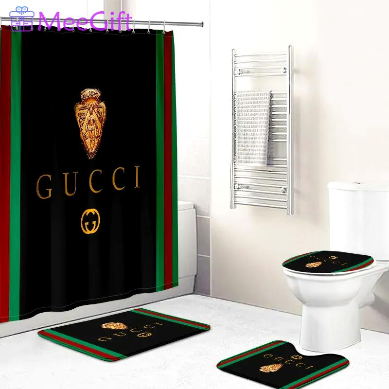 Gucci gc luxury bathroom set black green red 1 logo shower curtain 204 Bathroom Set