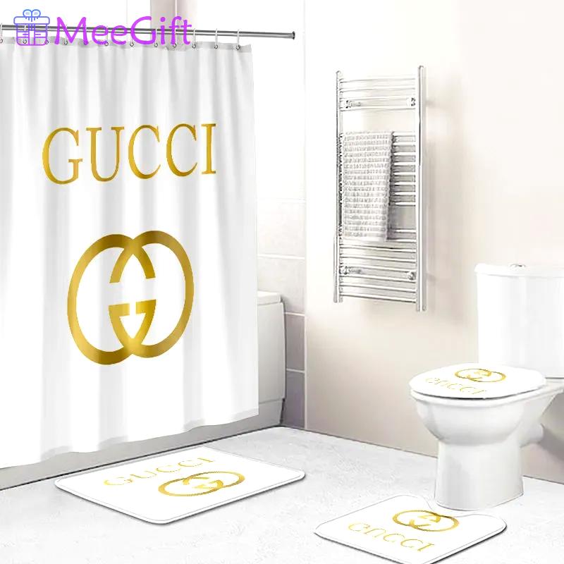 Gucci golden logo type 1241 Bathroom Accessory Sets Bath Mat Set Hypebeast Bathroom Bathroom Sets Waterproof Shower Curtain Luxury Fashion Brand Home Decor Toilet Cover Pedestal Rug