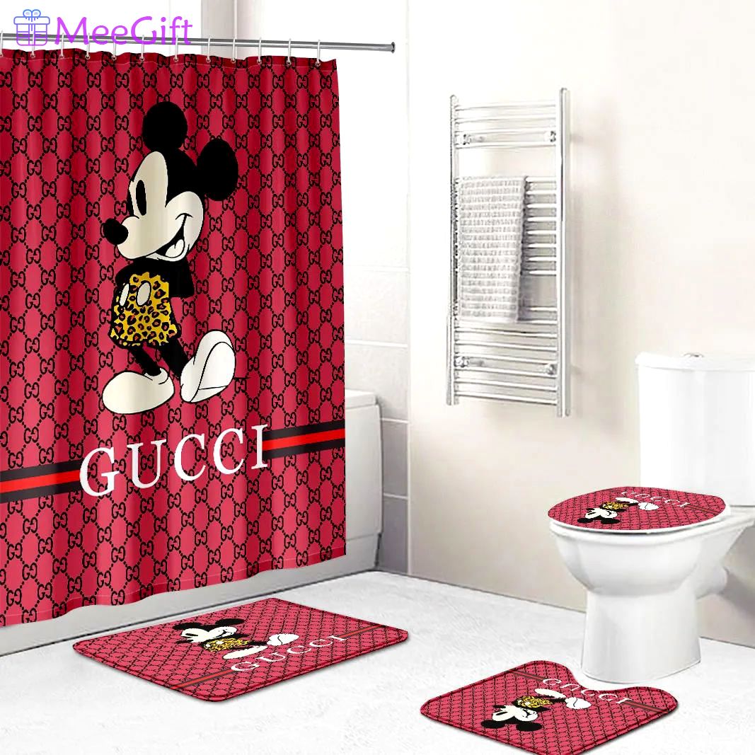 Gucci mickey mouse disney logo type 1701 Bathroom Accessory Sets Luxury Fashion Brand Bathroom Sets Toilet Cover Waterproof Shower Curtain Bath Mat Set Pedestal Rug Hypebeast Bathroom Home Decor
