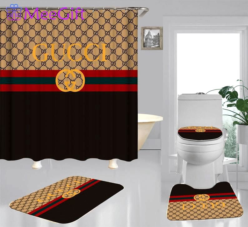 Gucci stripe logo type 1955 Bathroom Accessory Sets Toilet Cover Bath Mat Set Waterproof Shower Curtain Hypebeast Bathroom Pedestal Rug Bathroom Sets Luxury Fashion Brand Home Decor