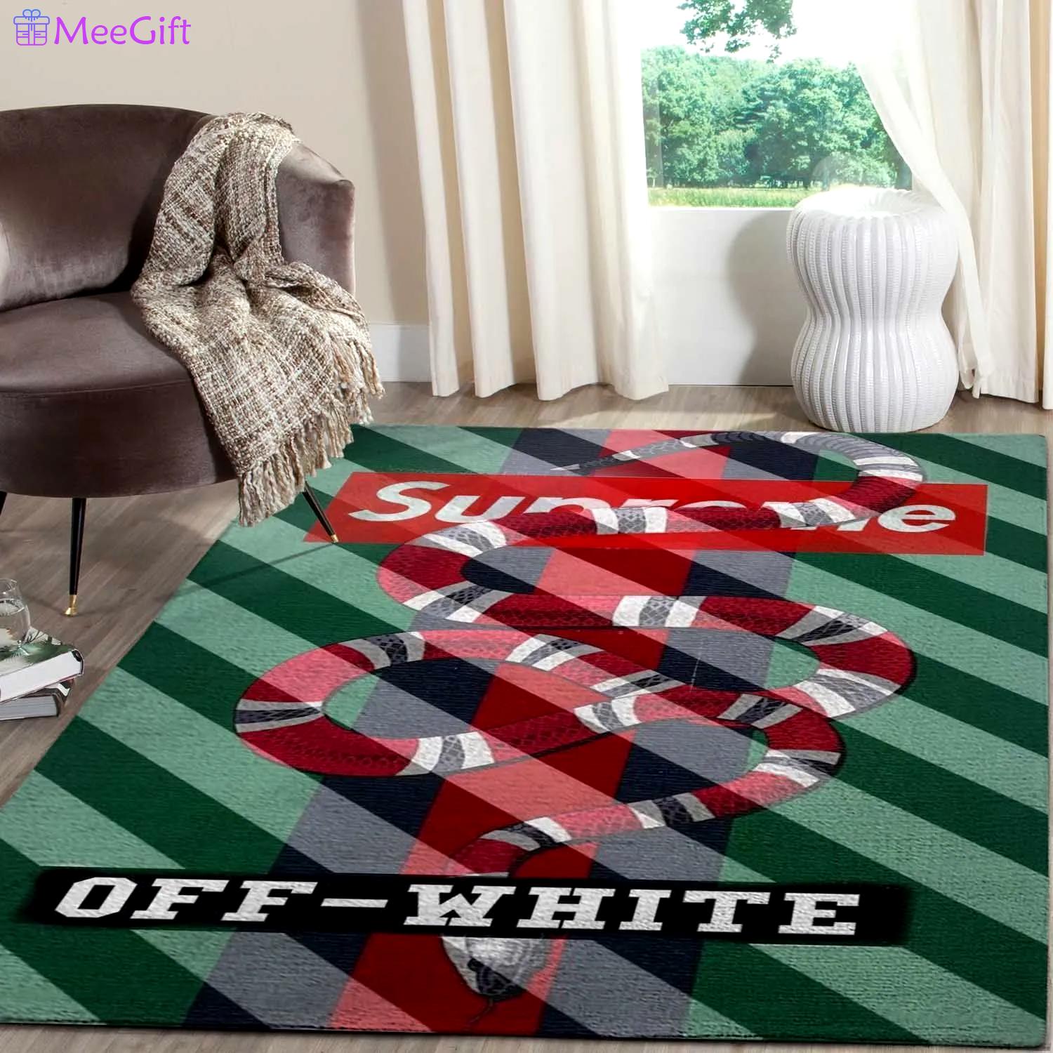 Gucci supreme off-white logo type 43. Upgrade Your Living Room with Luxury Home Decor: Area Carpets, Floor Decor, Door Mats, and Hot Gift Items with style a High-End Fashion Brand Rectangle Rug