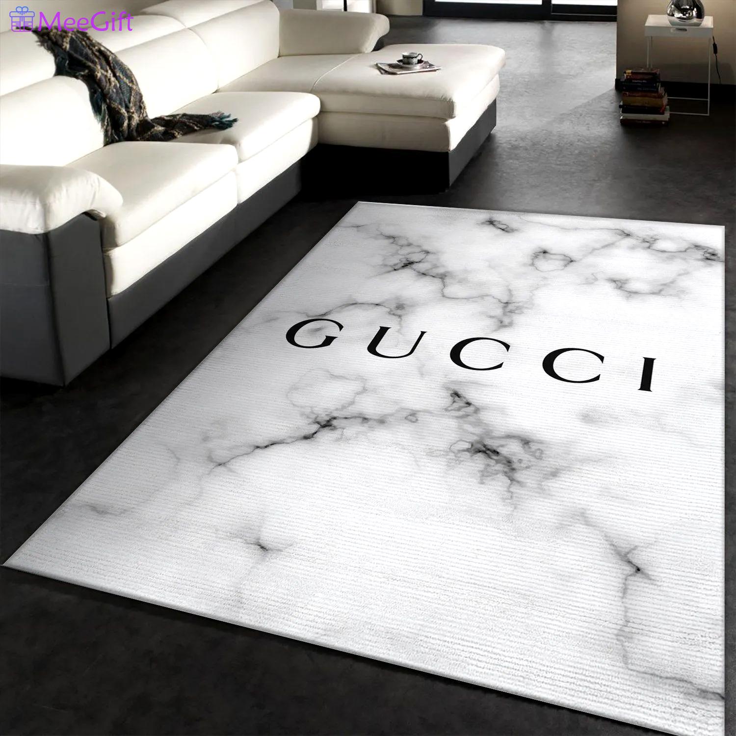 Gucci white logo type 56. Upgrade Your Living Room with Luxury Home Decor: Area Carpets, Floor Decor, Door Mats, and Hot Gift Items with style a High-End Fashion Brand Rectangle Rug