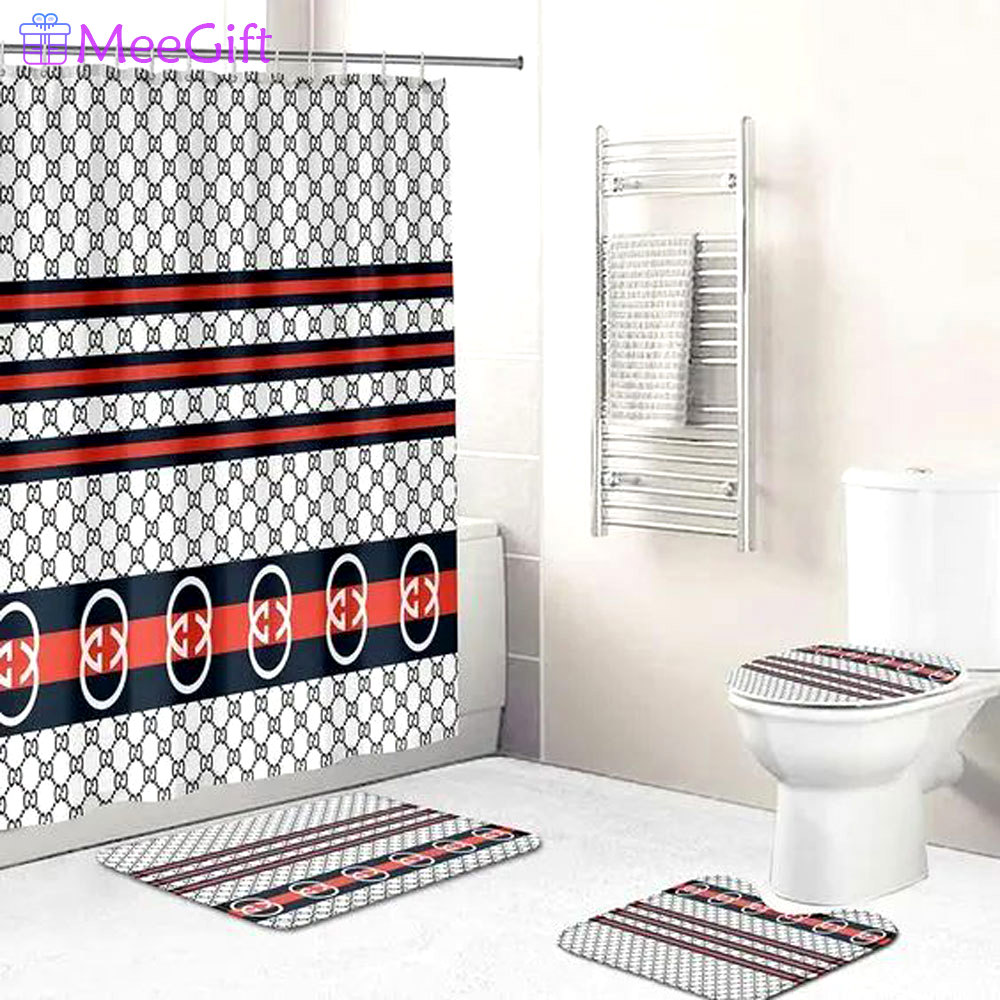 Gucci white stripe logo type 1688 Bathroom Accessory Sets Toilet Cover Bath Mat Set Pedestal Rug Luxury Fashion Brand Home Decor Hypebeast Bathroom Waterproof Shower Curtain Bathroom Sets