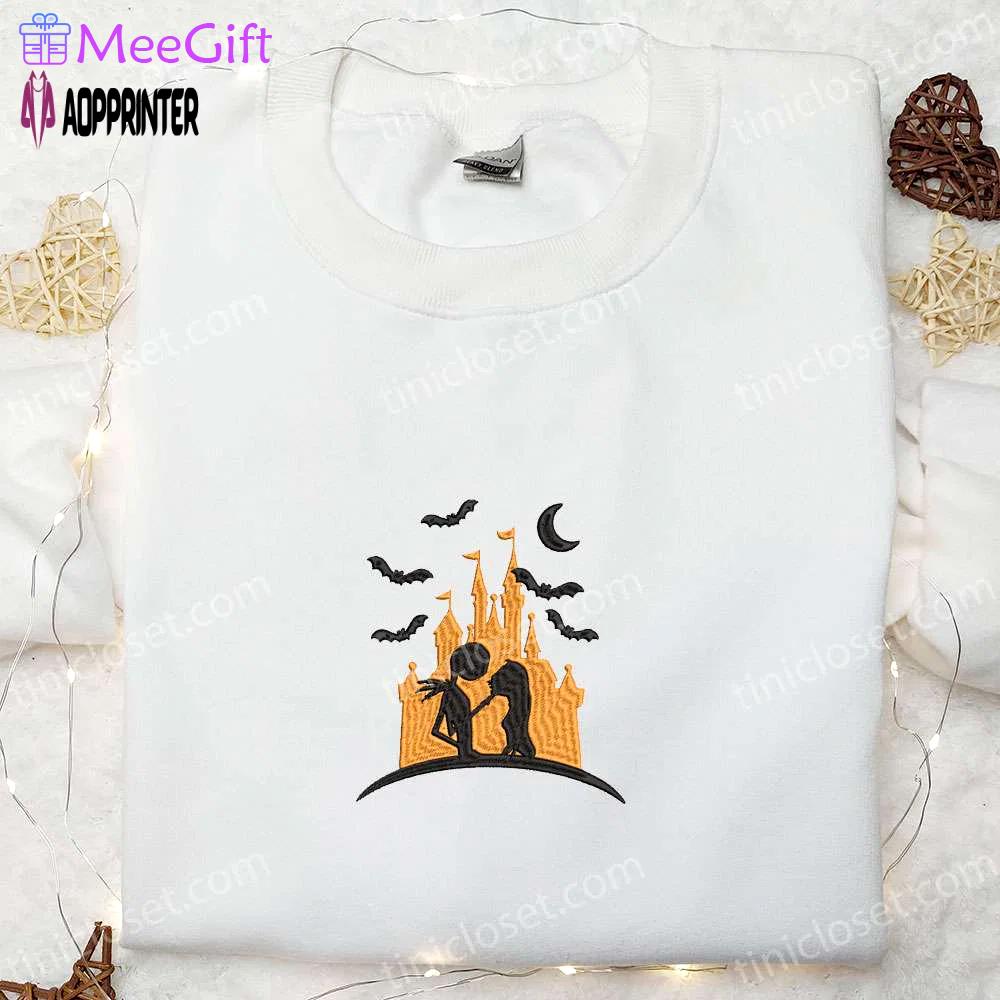 Halloween castle jack skellington & sally embroidered sweatshirt: nightmare before christmas hoodie perfect gift for halloween lovers Embroidered Shirt