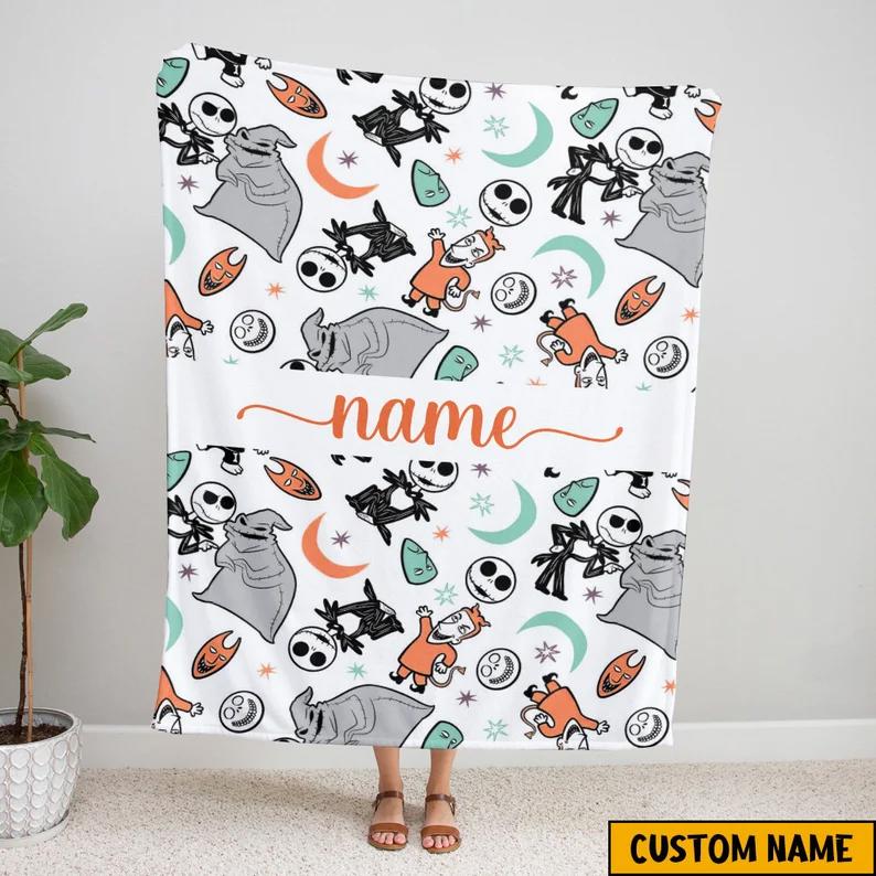 Halloween decorations custom jack skellington and sally fleece mink sherpa, halloween blanket, oogie boogie halloween blanekt, skull, the night before christmas Quilt Blanket