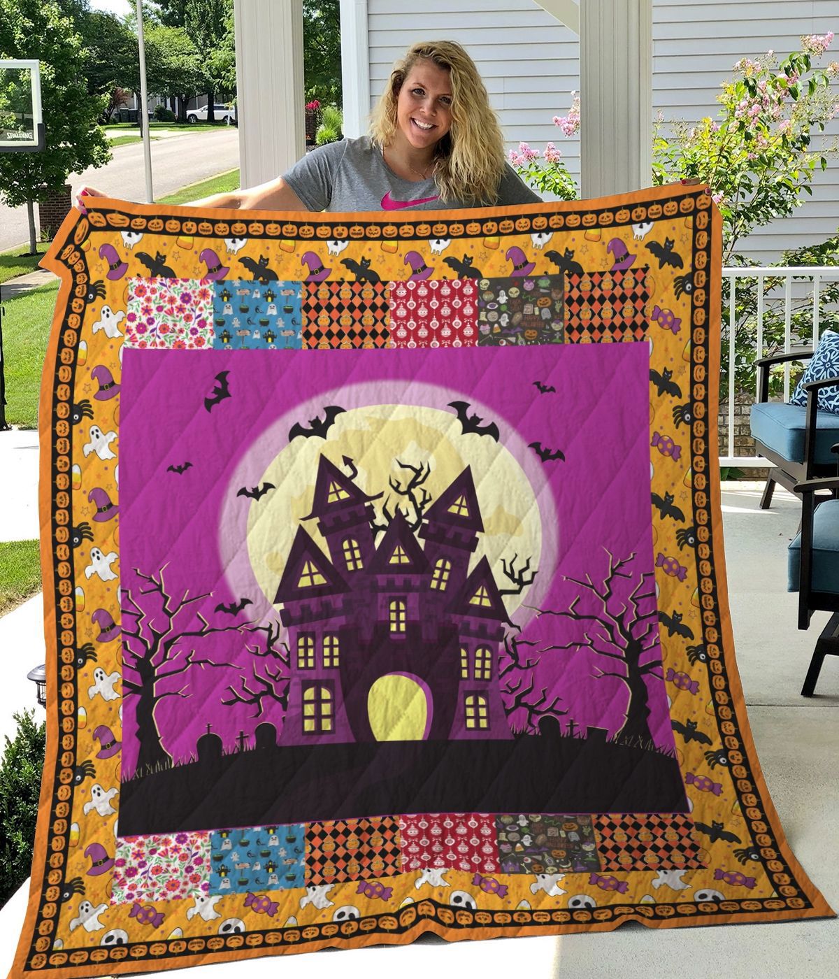 Halloween decorations halloween haunted castle quilt blanket great customized gifts for birthday halloween perfect gifts for halloween lover Quilt Blanket