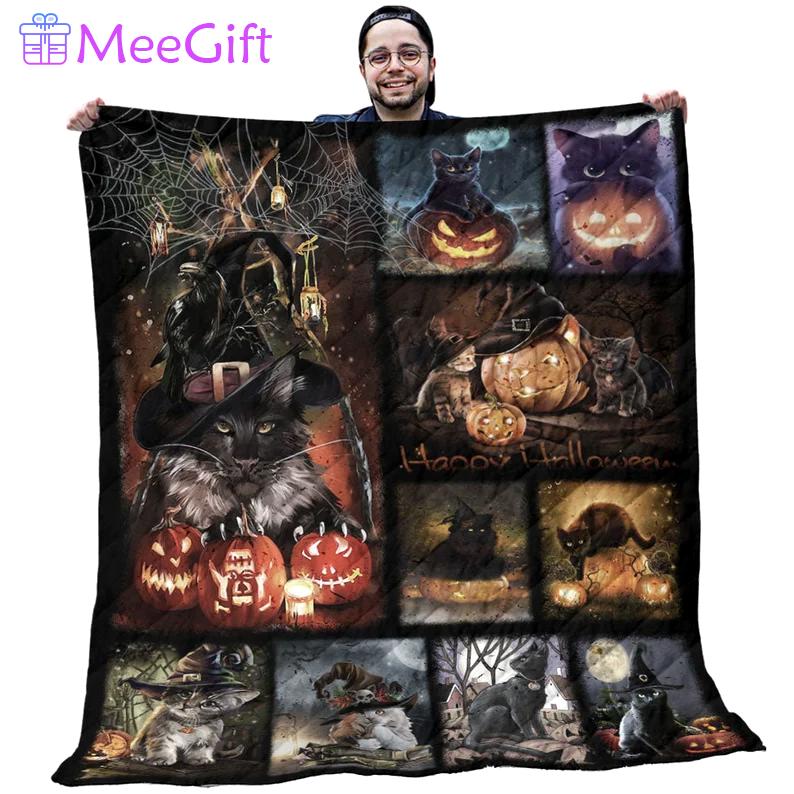 Halloween decorations pumpkin quilt - black cat halloween with scary pumpkin spooky house quilt - gifts for pumpkin lovers Quilt Blanket