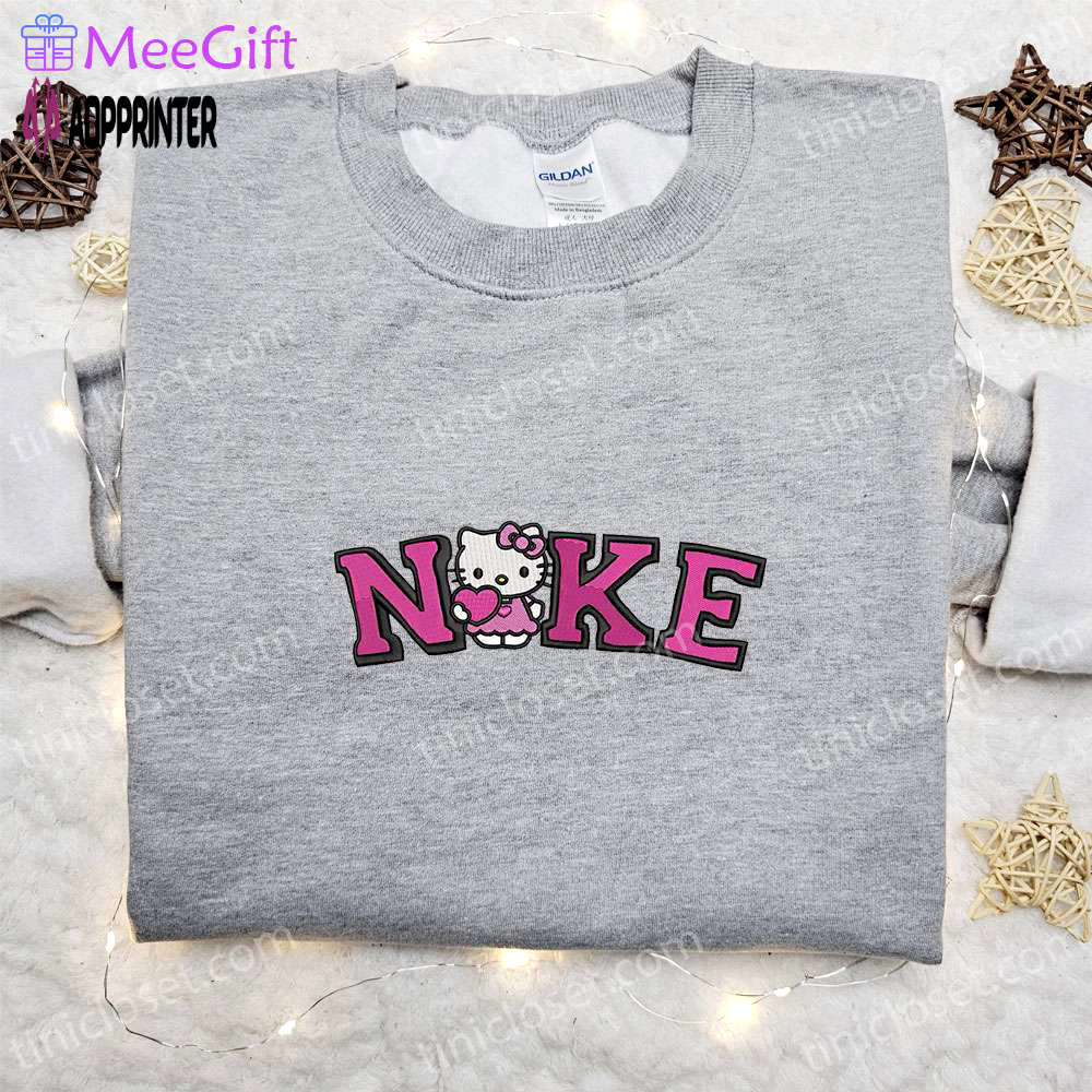 Hello kitty heart x nike embroidered tshirt – cute cartoon shirt with nike inspiration Embroidered Shirt