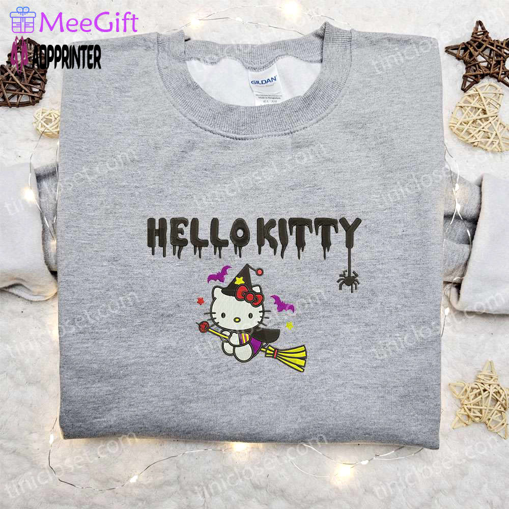 Hello kitty witch embroidered shirt – adorable & happy halloween sweatshirt Embroidered Shirt