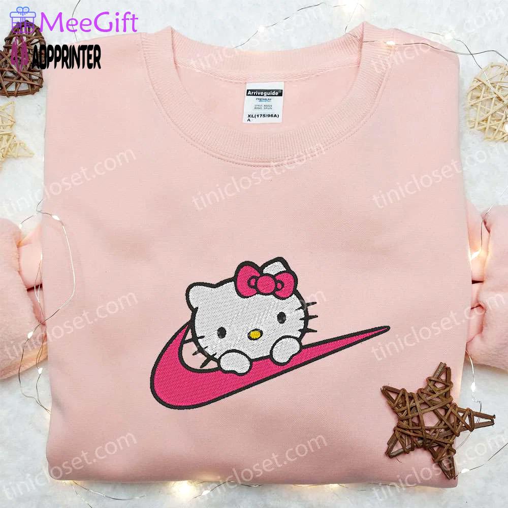 Hello kitty x nike swoosh cartoon tshirt: embroidered shirt with nike inspiration Embroidered Shirt