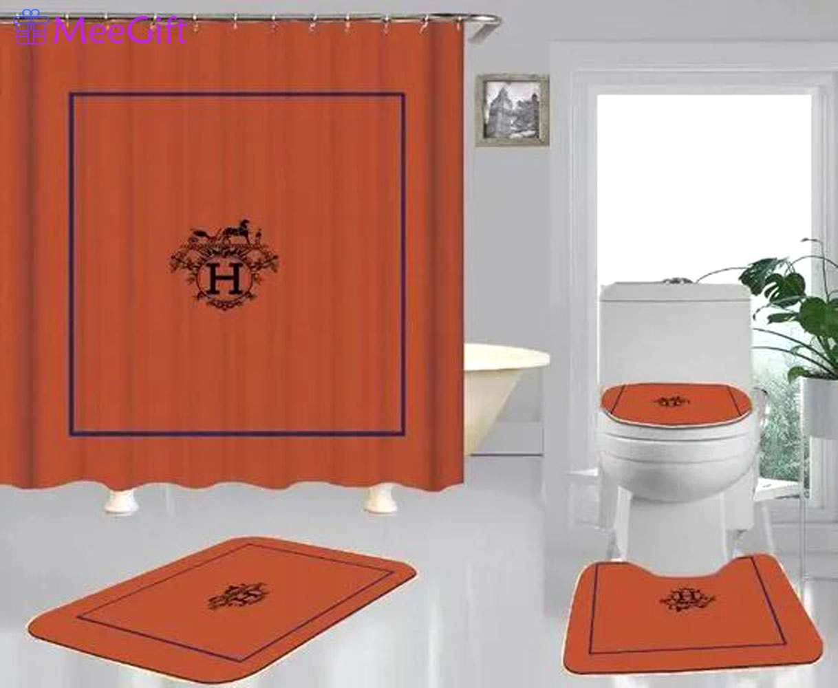 Hermes paris orange logo type 2114 Bathroom Accessory Sets Home Decor Pedestal Rug Bath Mat Set Bathroom Sets Toilet Cover Waterproof Shower Curtain Hypebeast Bathroom Luxury Fashion Brand