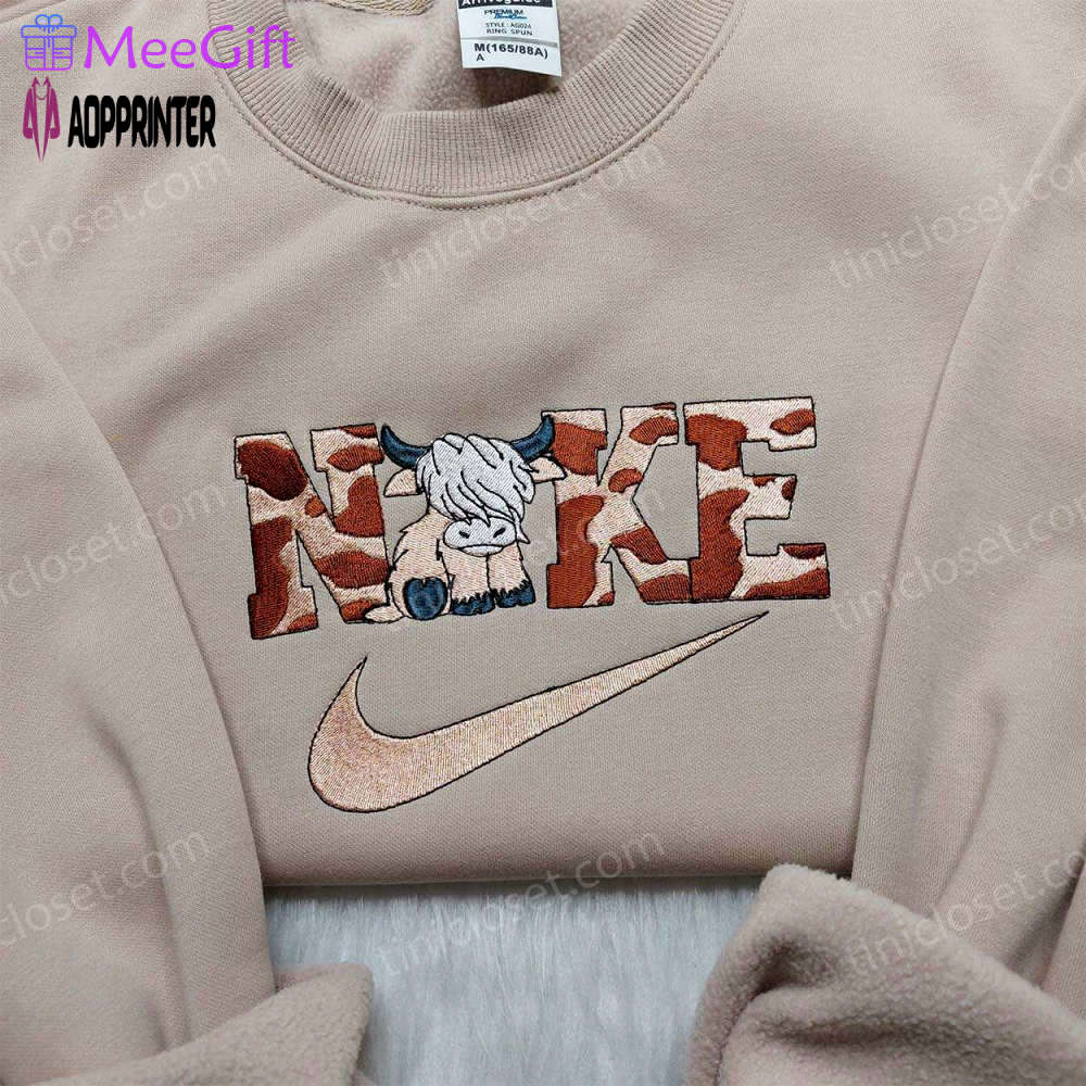Highland cow nike embroidered shirt – trendy sweatshirt with custom nike style Embroidered Shirt