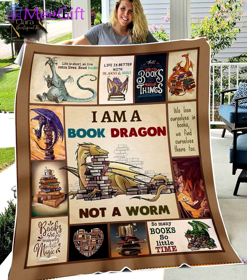 I am a book dragon not a worm fleece blanket, mink sherpa blanket, reading lover gift, book blanket, bookworm gift, dragon blanket Quilt Blanket