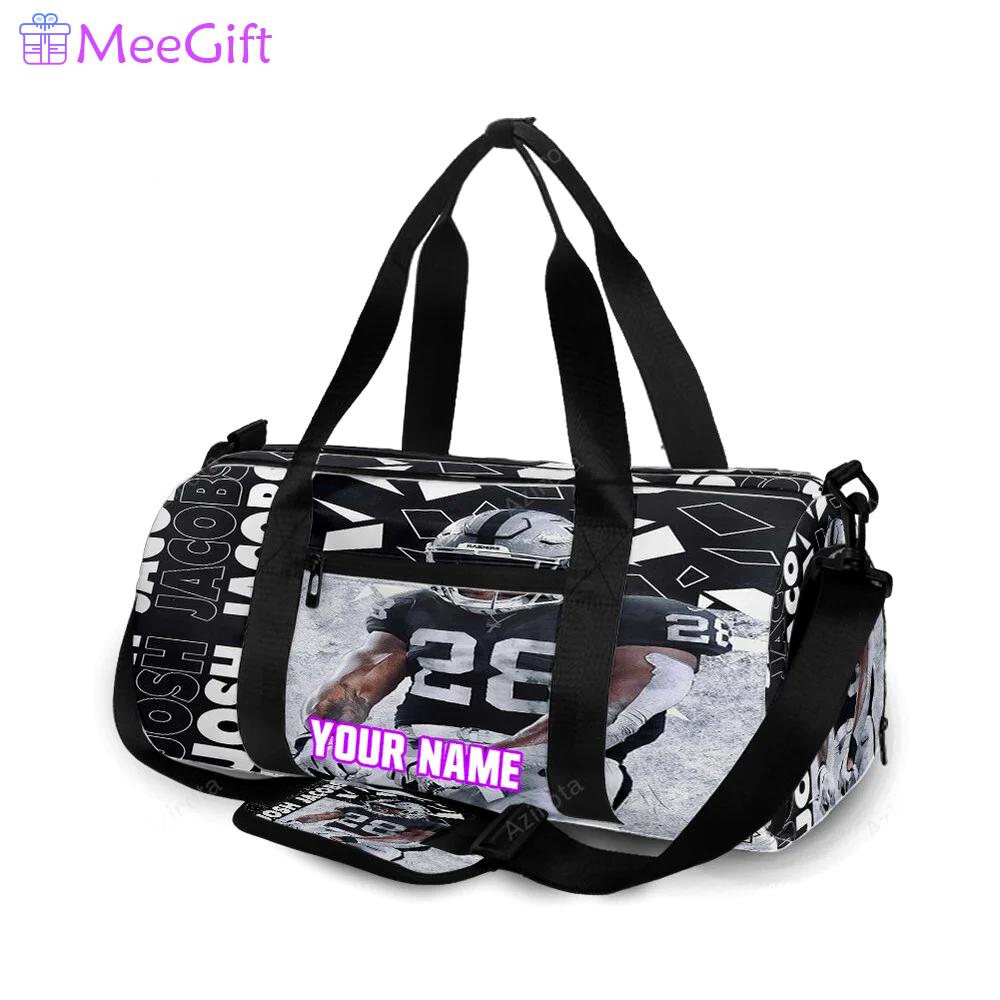 Las vegas raiders josh jacobs 28 v2 personalized name travel bag gym bag 1827 Travel Bag