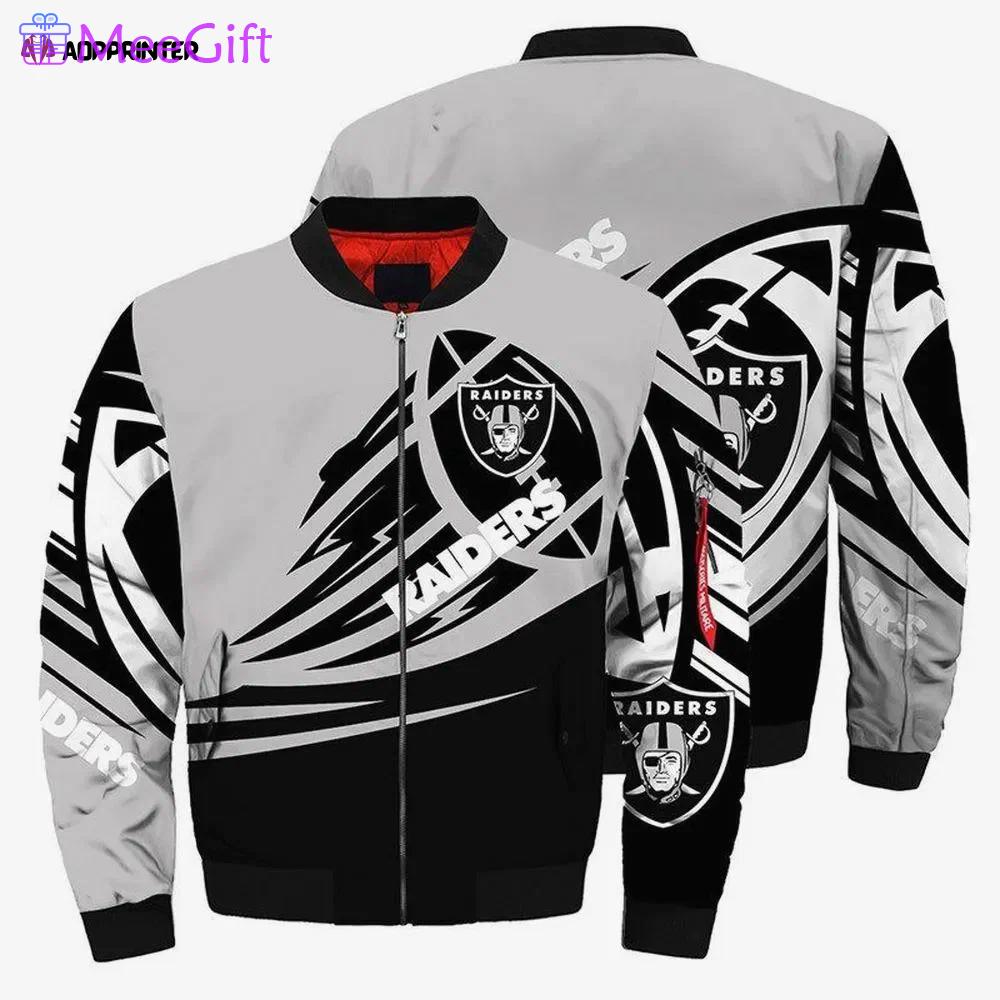 Las vegas raiders ultra-ball pattern bomber jacket – black and grey Bomber Jacket