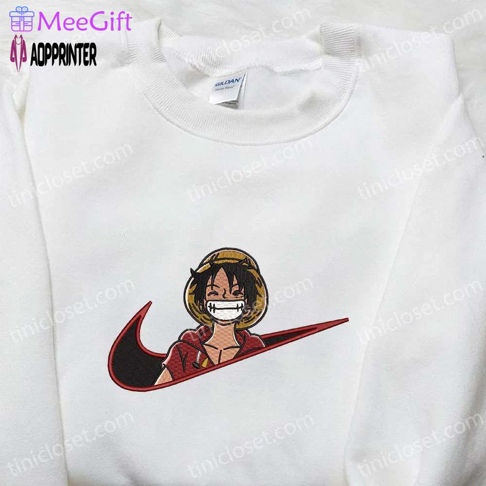 Laughing monkey d luffy x nike swoosh tshirt: one piece embroidered shirt nike inspired Embroidered Shirt