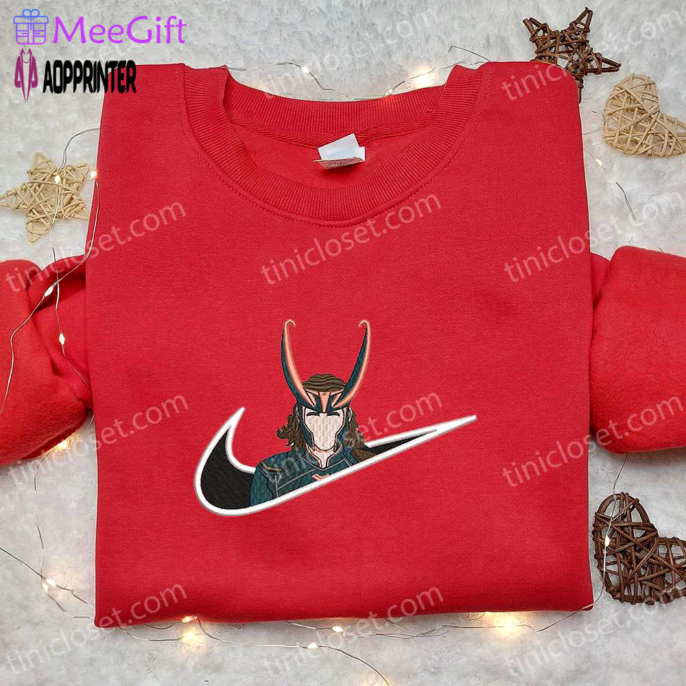 Loki x nike swoosh movie embroidered sweatshirt & marvel universe shirt: nike inspired embroidery Embroidered Shirt