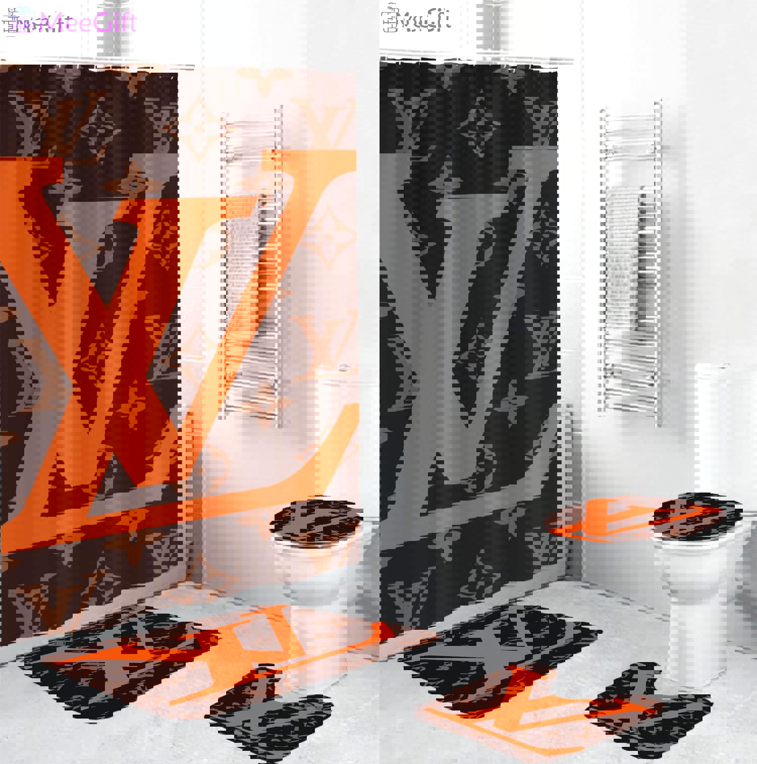 Louis vuitton big orange logo bathroom set with shower curtain Bathroom Set