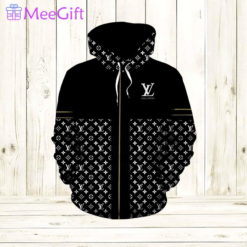 Louis vuitton black white unisex hoodie foren womenuxury brandv clothing clothes outfit 295 Zipper Hoodie 3D