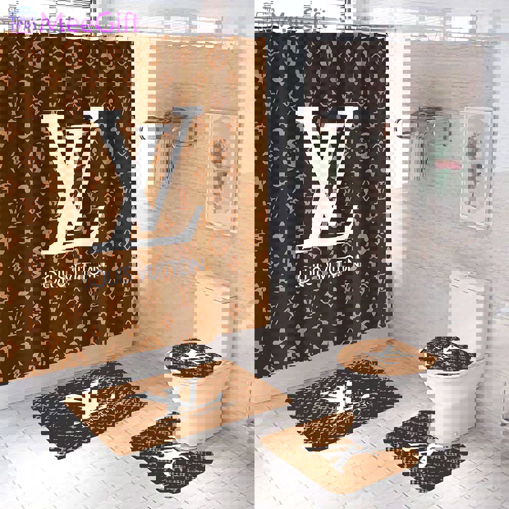 Louis vuitton light brown fashion luxury brand premium bathroom set shower curtain bath mat set home decor Bathroom Set