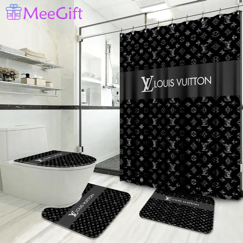 Louis vuitton logo type 1489 Bathroom Accessory Sets Luxury Fashion Brand Toilet Cover Waterproof Shower Curtain Pedestal Rug Hypebeast Bathroom Bath Mat Set Bathroom Sets Home Decor